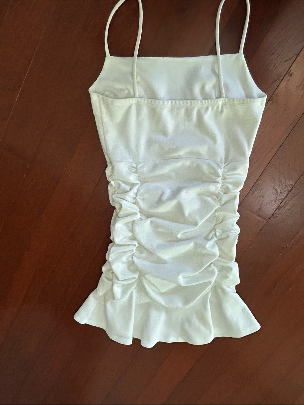 CEFIAN Ivory Ruched Ruffle-Hem Mini Dress Spaghetti Strap Cocktail/Going XS/S - Picture 5 of 6